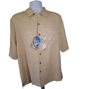 Bermuda Bay Men Silk Button Up Shirt M Yellow Short Sleeve Tropical Design Beach